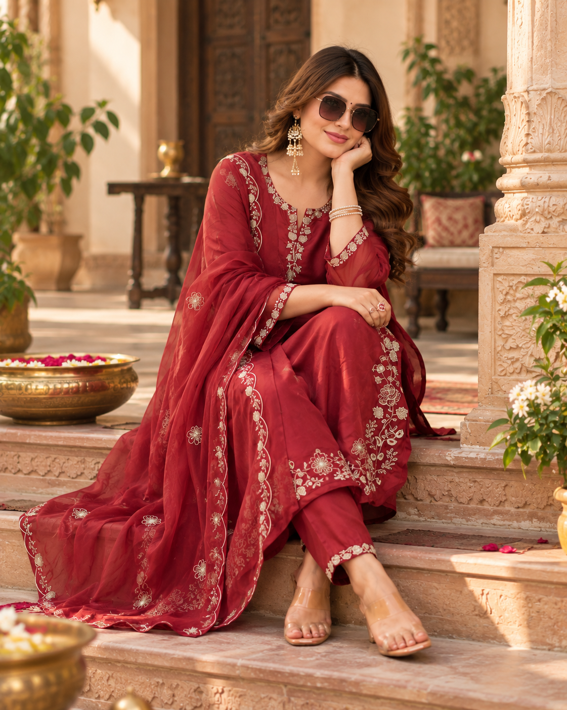 Pure Viscouse Kurti Palazzo With Dupatta Set(Red)
