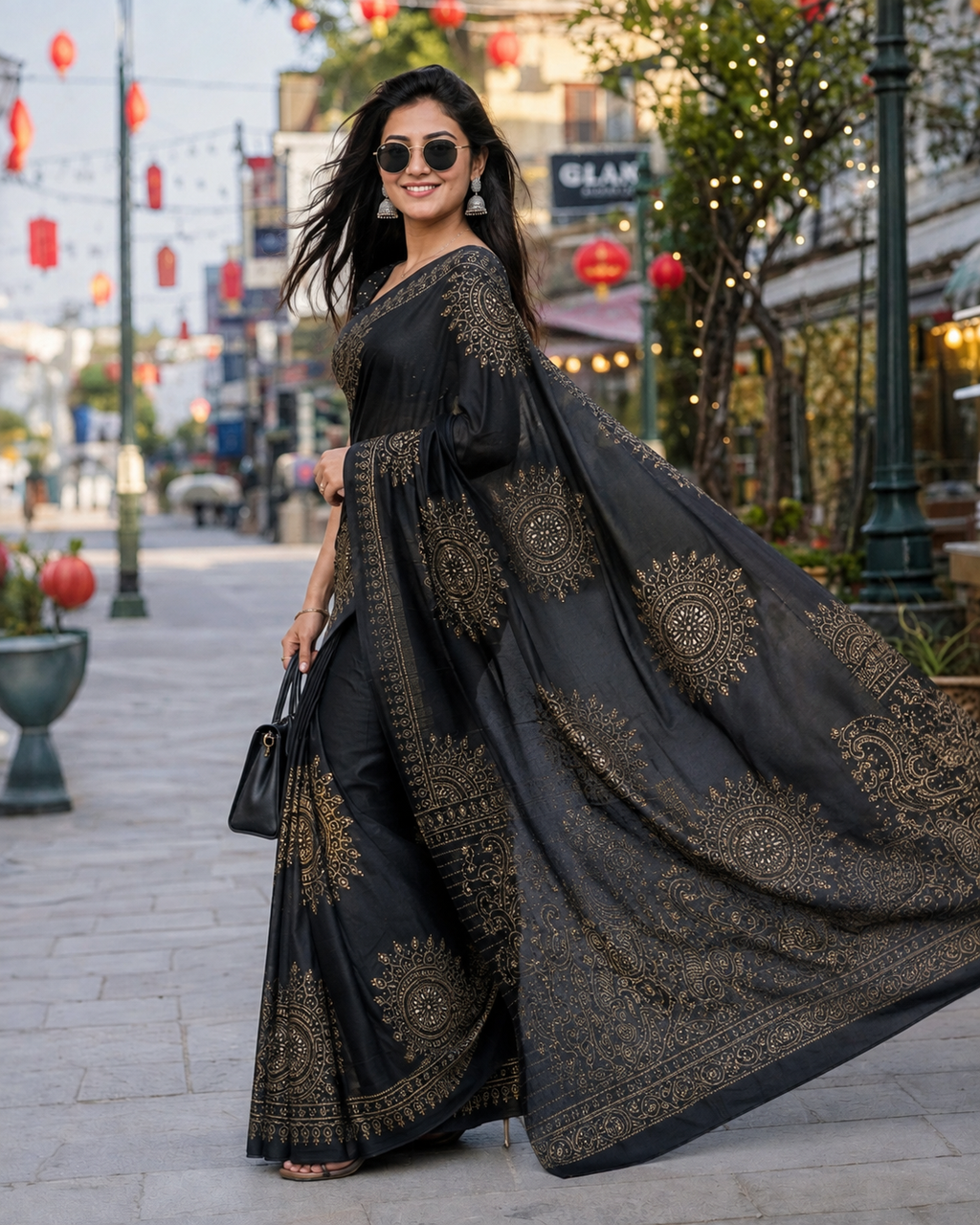Premium  Gajji Silk Heavy Mirror Work Saree With Unstitched Blouse (Black)