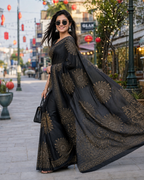 Premium  Gajji Silk Heavy Mirror Work Saree With Unstitched Blouse (Black)