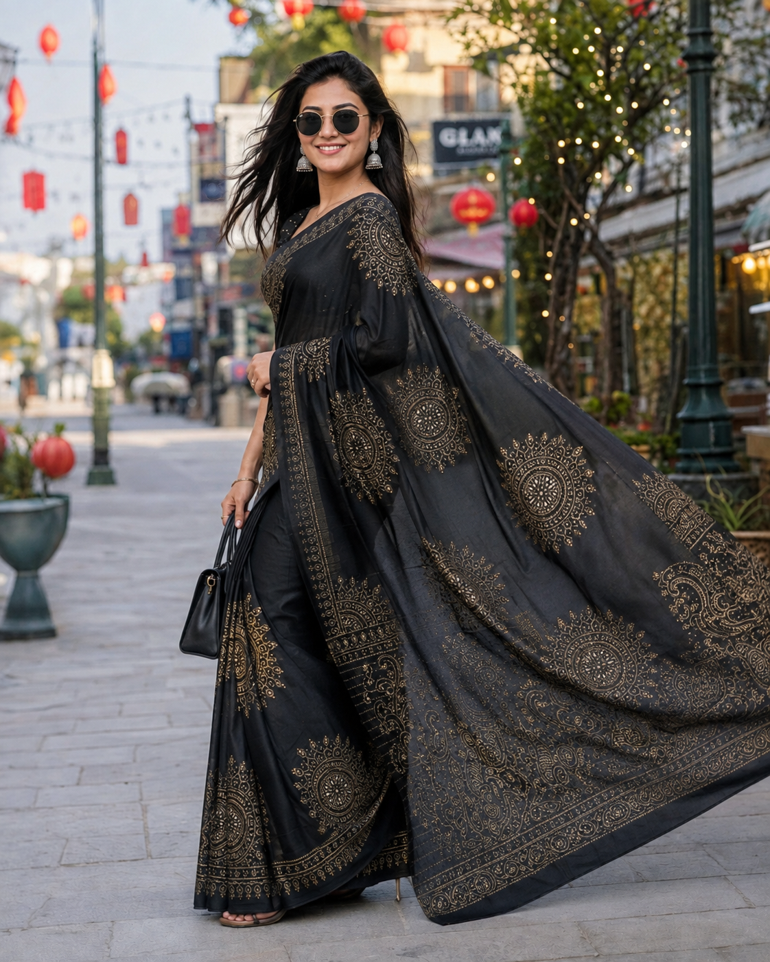 Premium  Gajji Silk Heavy Mirror Work Saree With Unstitched Blouse (Black)