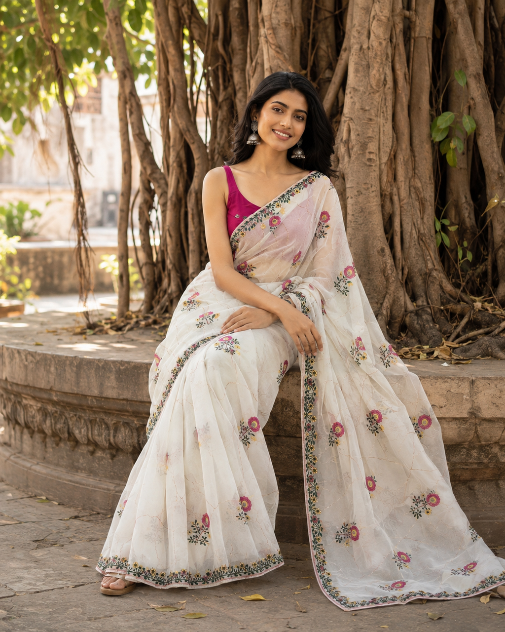 Star Georgette Ready To Wear Embroidery Work Saree With Unstitched Blouse(White)