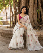 Star Georgette Ready To Wear Embroidery Work Saree With Unstitched Blouse(White)