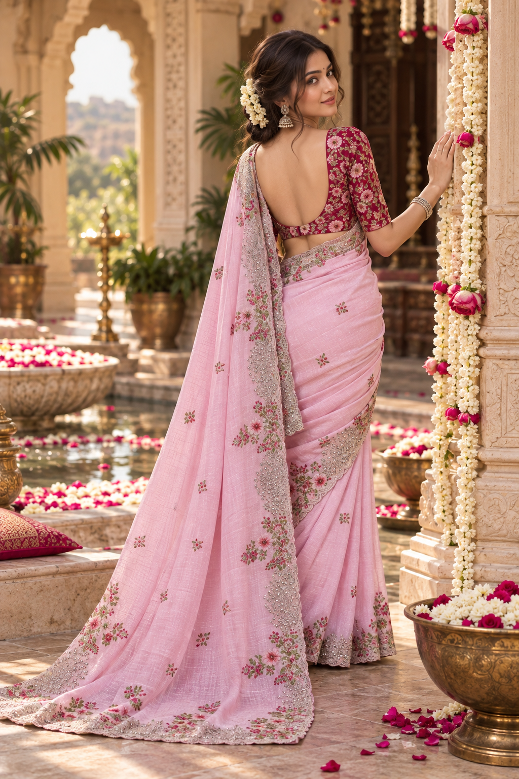 Dola Silk Embroidery Work Saree With Unstitched Blouse(Pink)