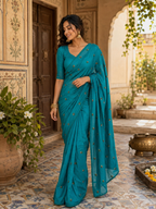 Soft Silk Embroidery Saree With Unstitched Blouse(Blue)