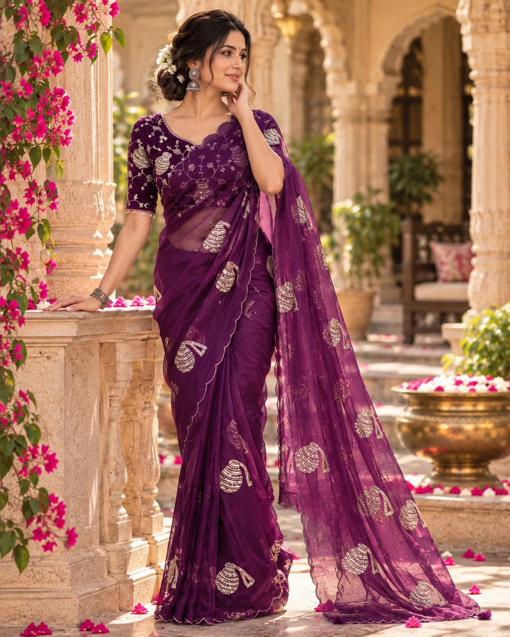 Satin Silk Border Cut Work Saree With Unstitched Blouse(Wine)