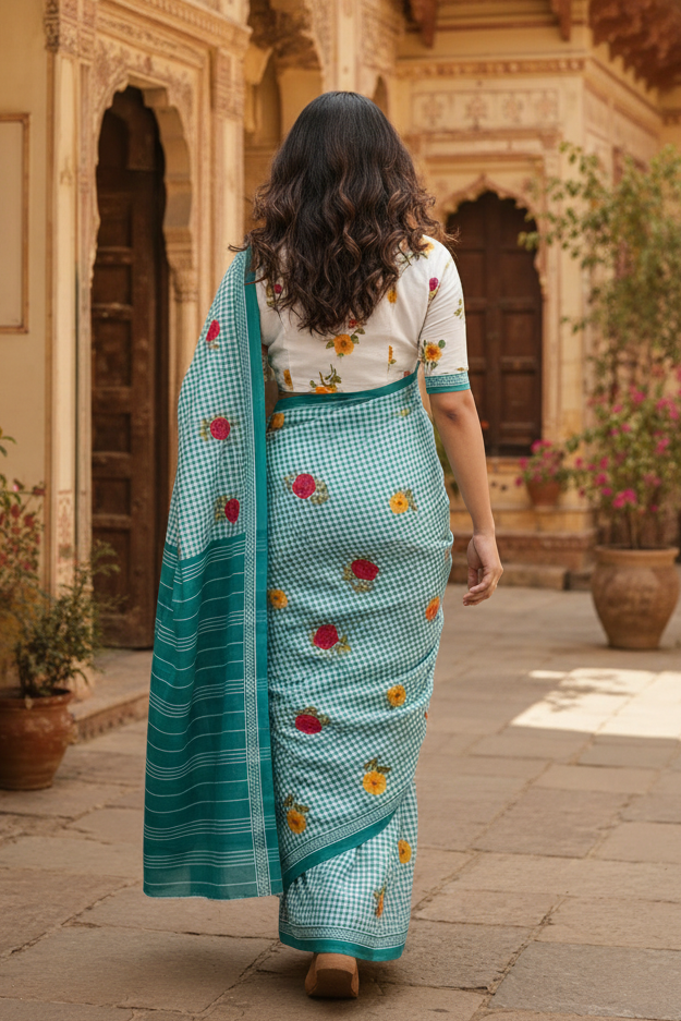Soft Pure Mulmul Cotton Printed Saree With Unstitched Blouse(Sky Blue)