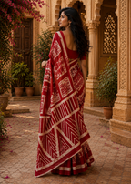Mulmul Cotton Batik Hand Block Print Saree With Unstitched Blouse(Red)