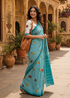 Soft Pure Mulmul Cotton Printed Saree With Unstitched Blouse(Sky Blue)