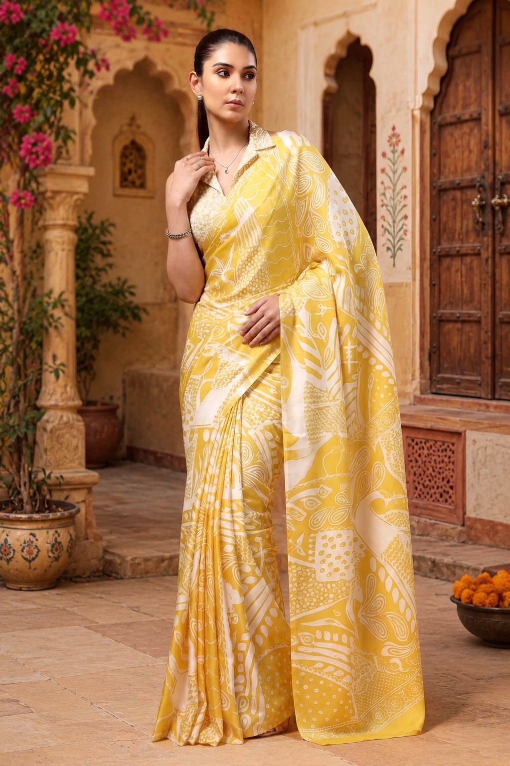 Satin Silk Party Wear Saree With Unstitched Blouse(Yellow)