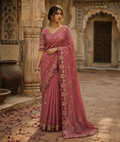 Premium Georgette Heavy Work Saree With Unstitched Blouse(Pink)