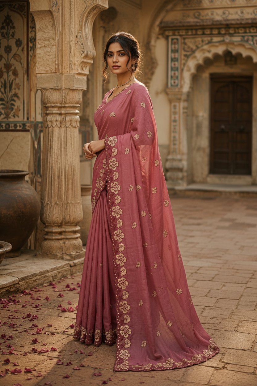 Premium Georgette Heavy Work Saree With Unstitched Blouse(Pink)