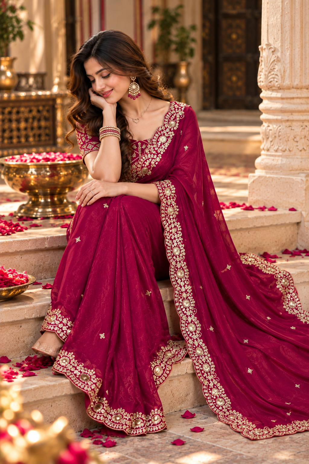 Satin Silk Embroidery Work Saree with Unstitched Blouse(Rani)