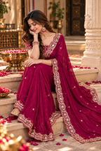 Satin Silk Embroidery Work Saree with Unstitched Blouse(Rani)
