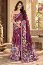 Linen Silver Zari Border Fumka Latakan Saree With Zari Border Unstitched Blouse (Brown)