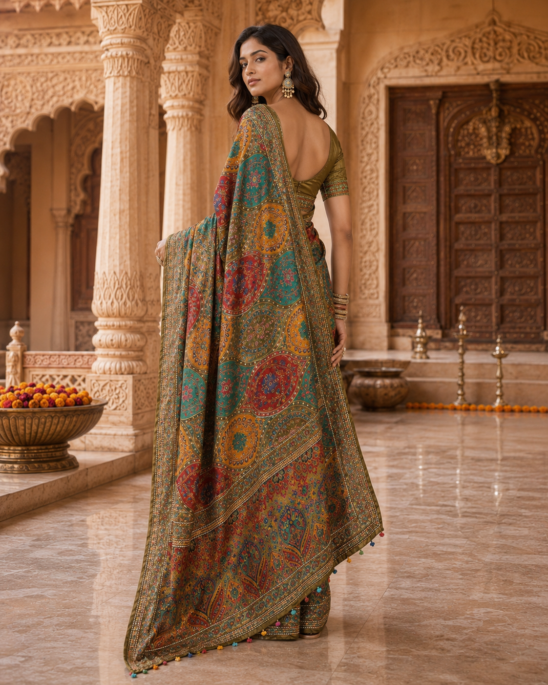 Modal Crepe Silk Mirror Work Saree With Unstitched Blouse(Green)