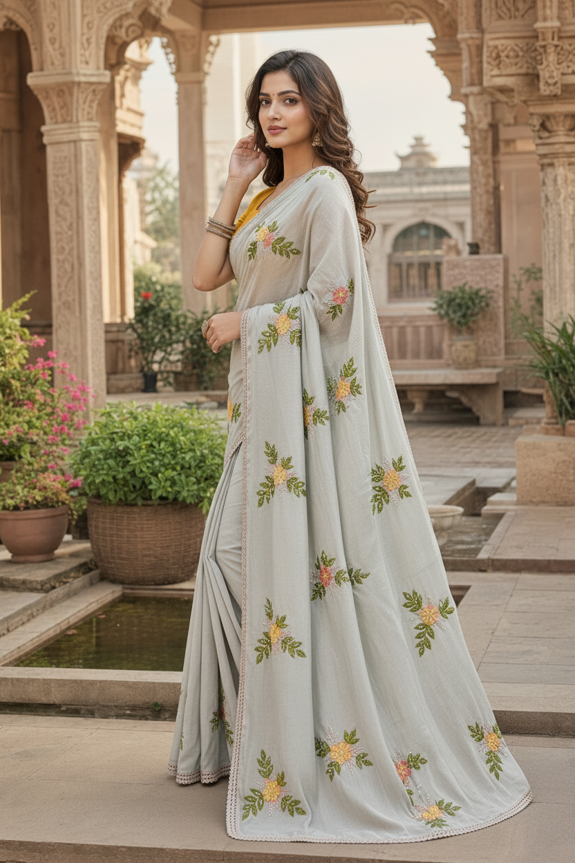 Rangoli Silk Party Wear Saree With Unstitched Blouse(Silver)