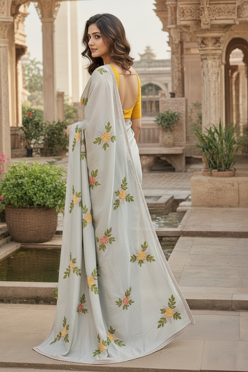 Rangoli Silk Party Wear Saree With Unstitched Blouse(Silver)