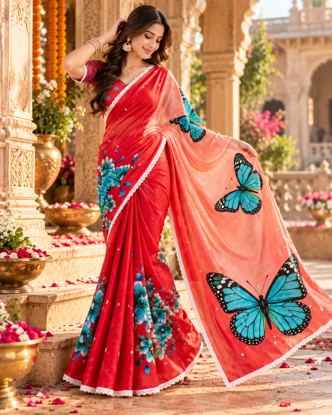 Pure Linen Printed Mirror Work Saree With Unstitched Blouse(Red)