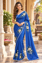 Satin Silk Printed Saree With Unstitched Blouse(Blue)
