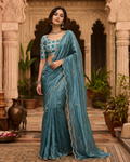 Gold Crush Silk Saree With Unstitched Blouse(Blue)