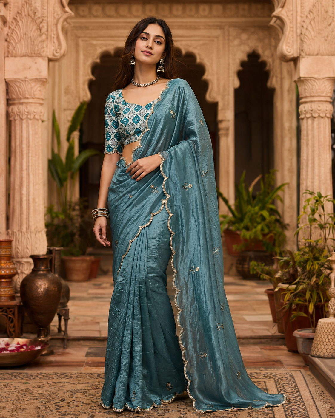 Gold Crush Silk Saree With Unstitched Blouse(Blue)