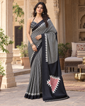 Satin Silk Ajrakh Printed Saree With Unstitched Blouse(Black)