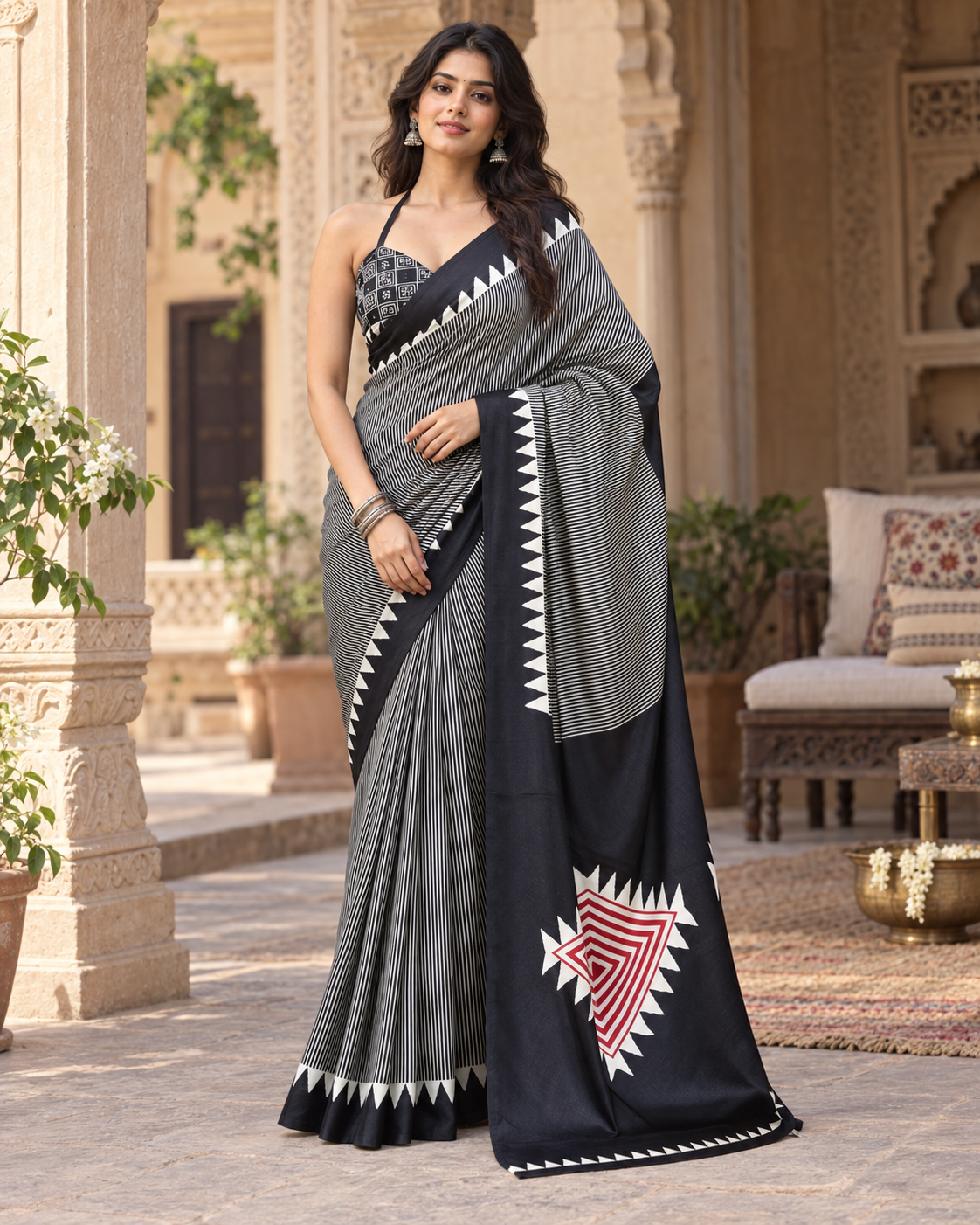 Satin Silk Ajrakh Printed Saree With Unstitched Blouse(Black)