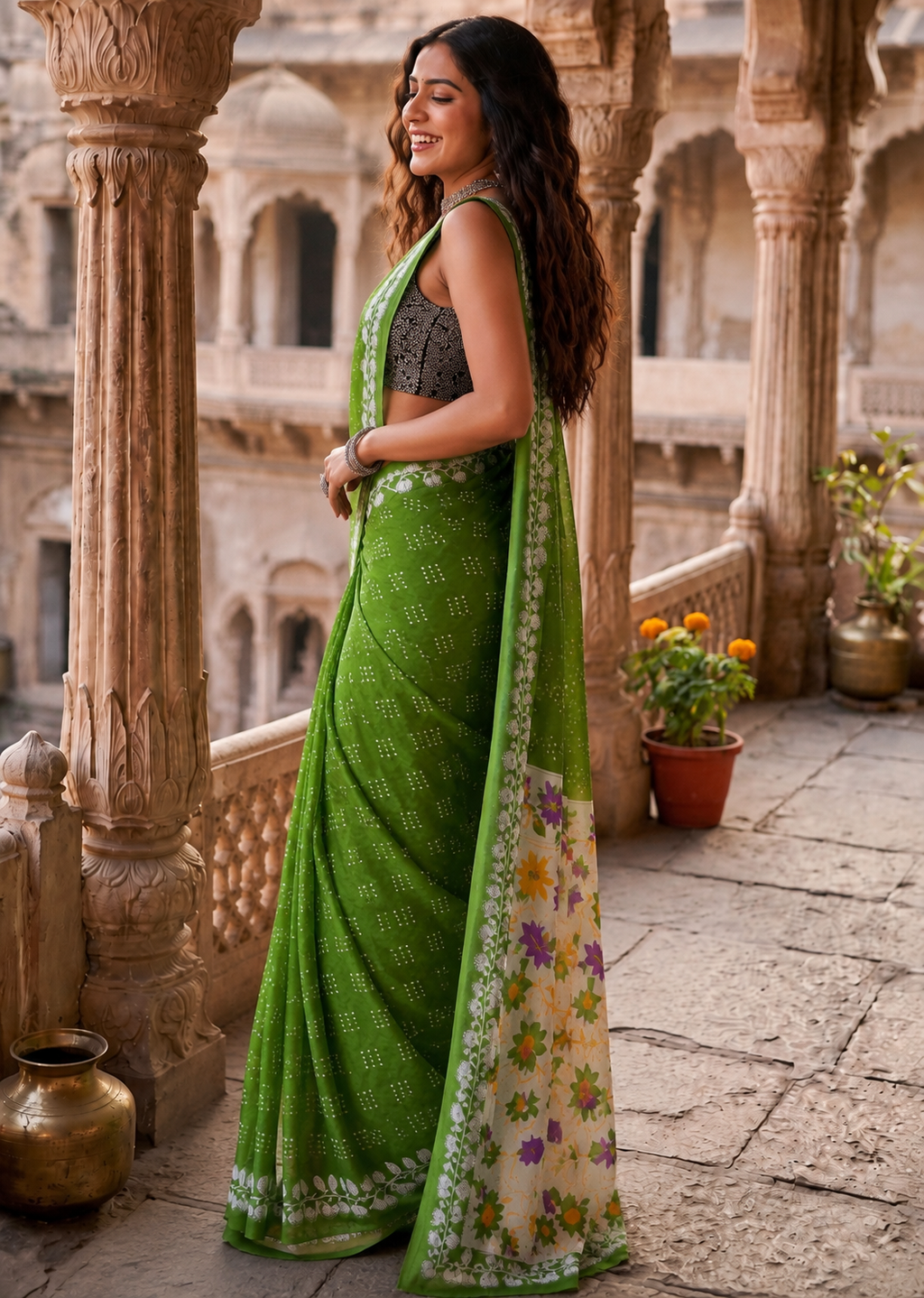 Pure Cotton Bagru Block Printed Saree With Unstitched Blouse(Green)