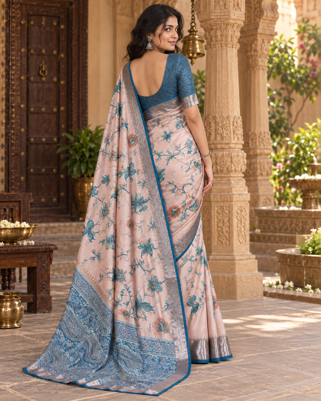 Tussar Silk Printed Saree With Unstitched Blouse(Beige)