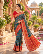 Premium Ashika Handloom Silk Patola Lagadi Patta Zari border Tassels Saree (Rama)