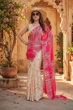 Load image into Gallery viewer, Satin Silk Printed Saree With Unstitched Blouse(Rani)
