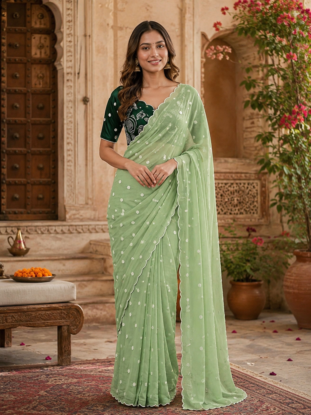 Georgette Embroidery Work Saree with Unstitched Blouse(Green)