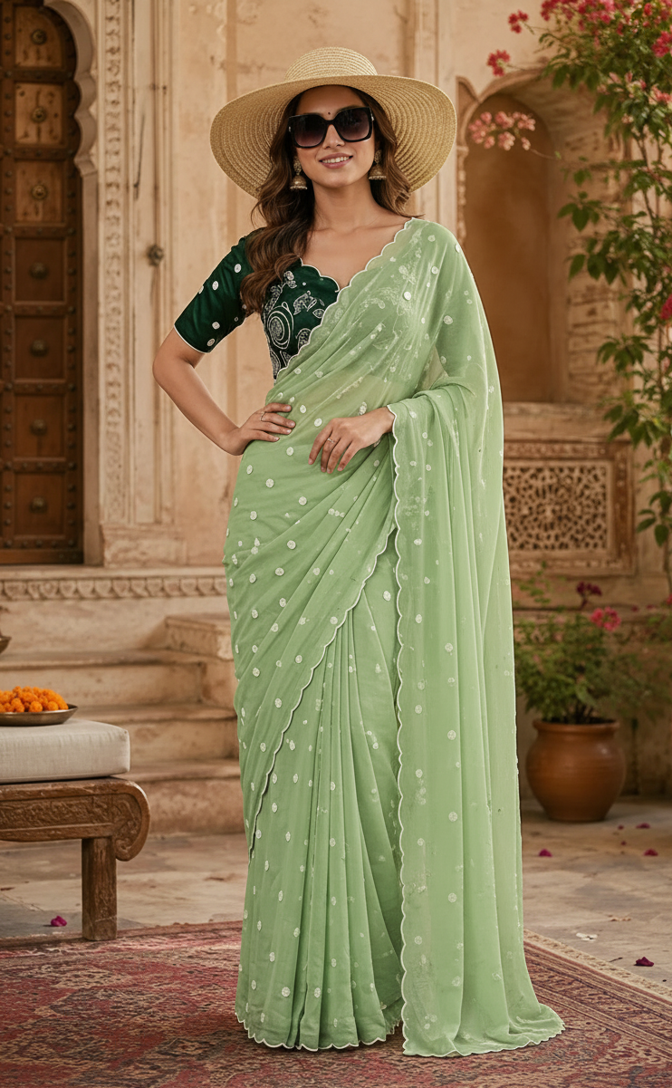 Georgette Embroidery Work Saree with Unstitched Blouse(Green)