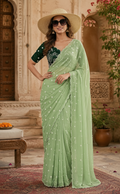 Georgette Embroidery Work Saree with Unstitched Blouse(Green)