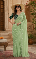 Load image into Gallery viewer, Georgette Embroidery Work Saree with Unstitched Blouse(Green)
