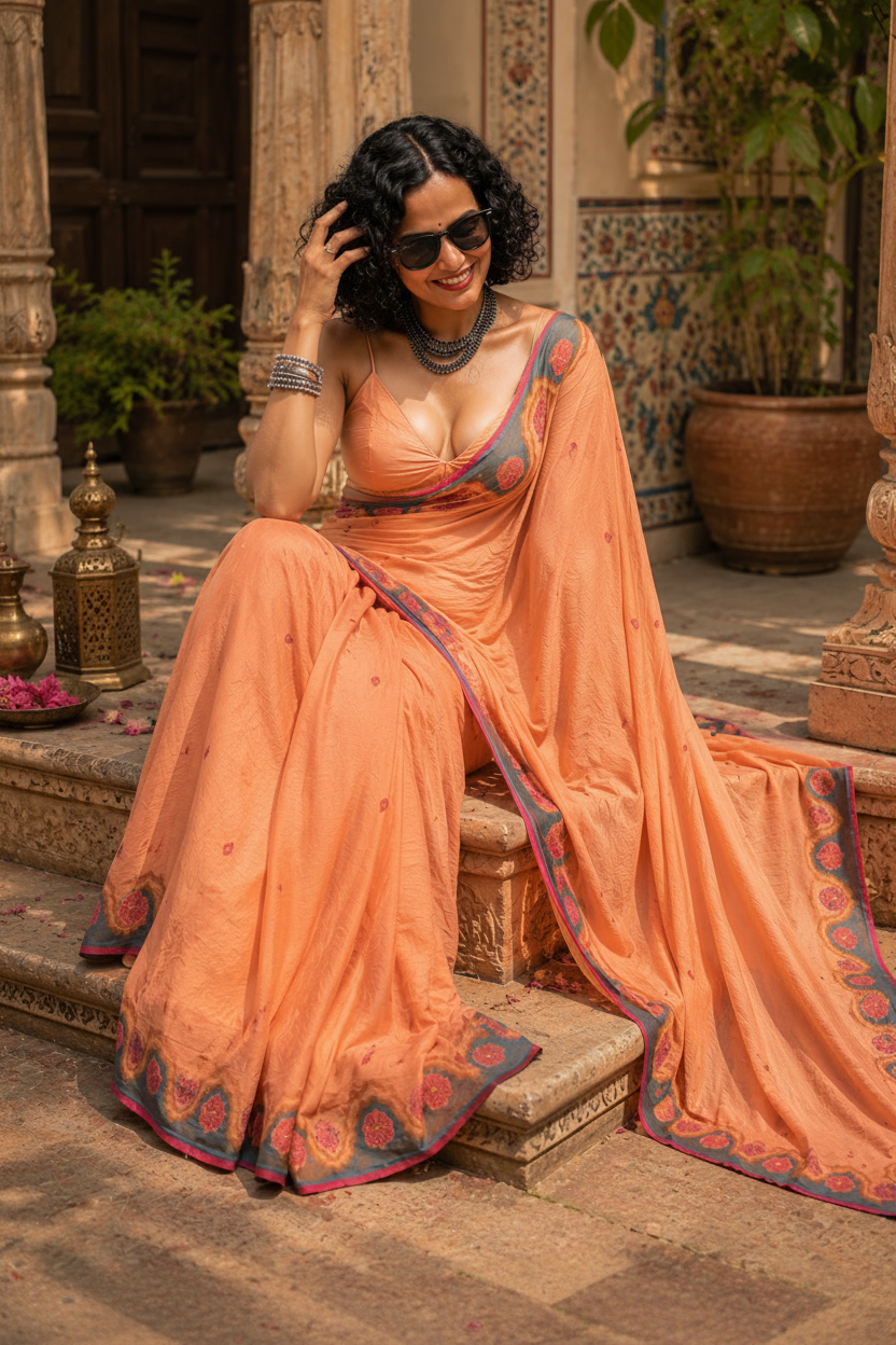 Linen Digital Print Saree With Unstitched Blouse(Orange)