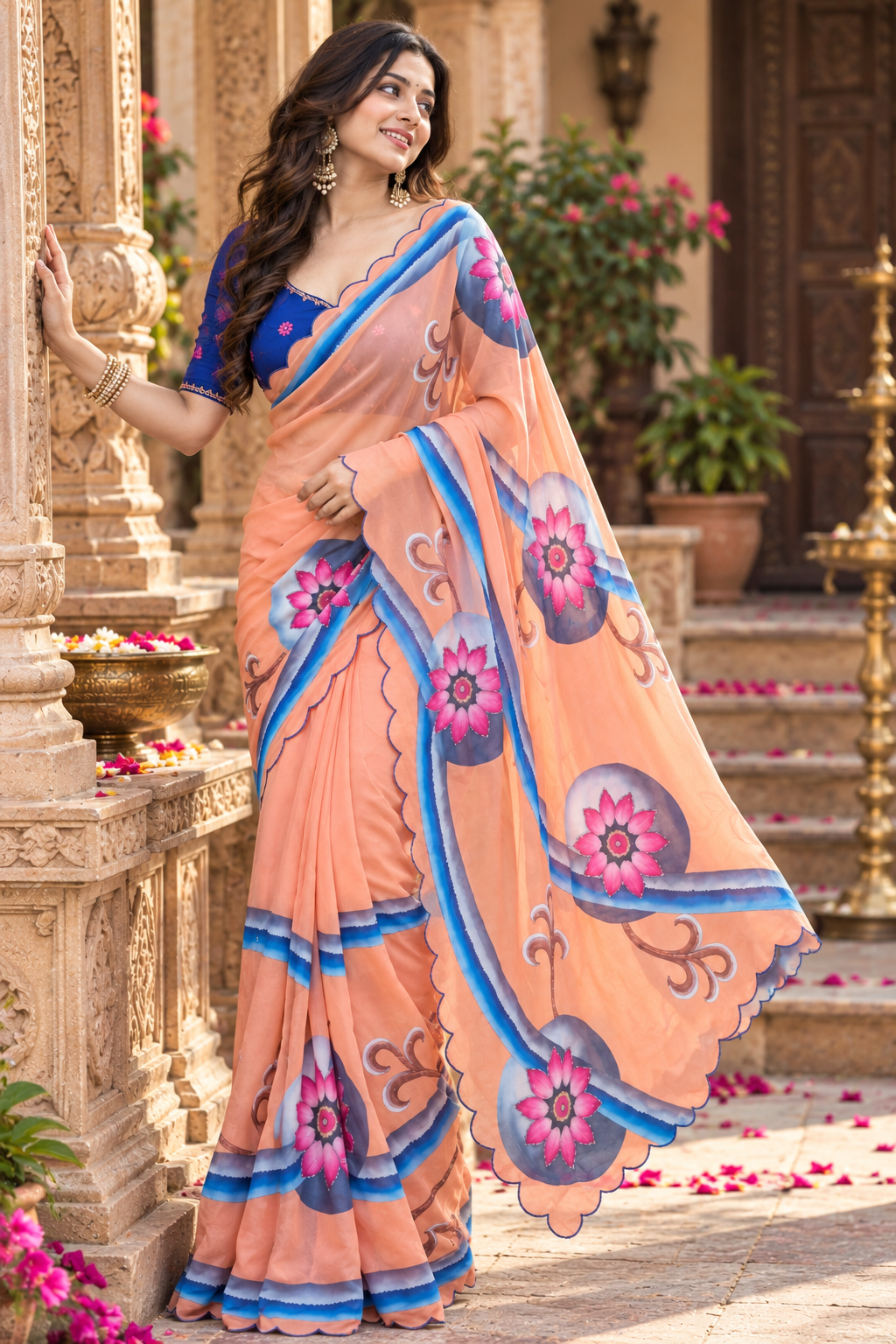 Georgette Digital Print Saree With Unstitched Blouse(Orange)