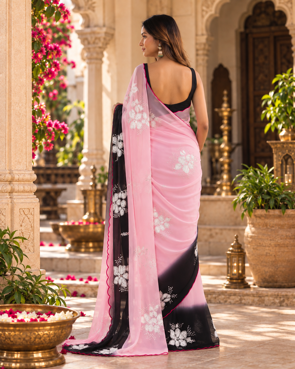 Georgette Embroidery Work Saree With Unstitched Blouse(Pink)