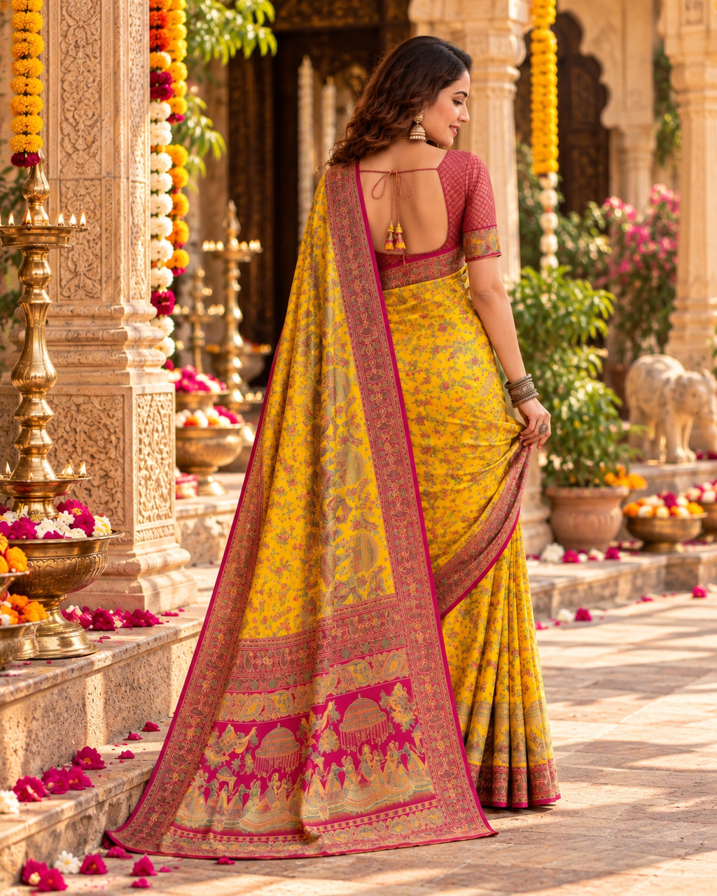 Gajji Silk Ajrakh Printed Saree With Unstitched Blouse(Yellow)