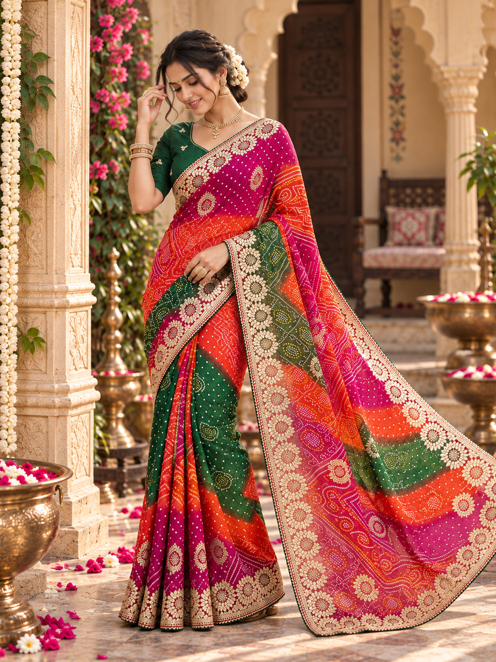 Georgette Bandhani Bhej Print Saree With Unstitched Blouse(Multicolor)
