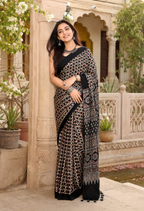 Satin Silk Mill Printed saree With Unstitched Blouse(Black)