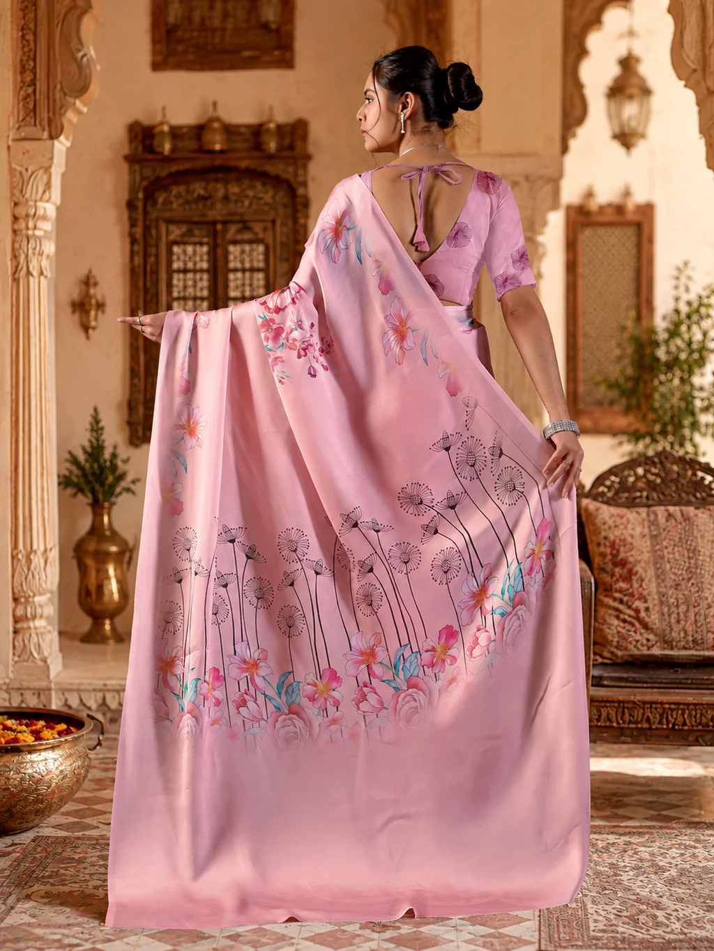 Satin Silk Floral Printed Saree With Unstitched Blouse(Pink)