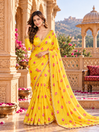 Premium Satin Silk Printed Saree With Unstitched Blouse(Yellow)