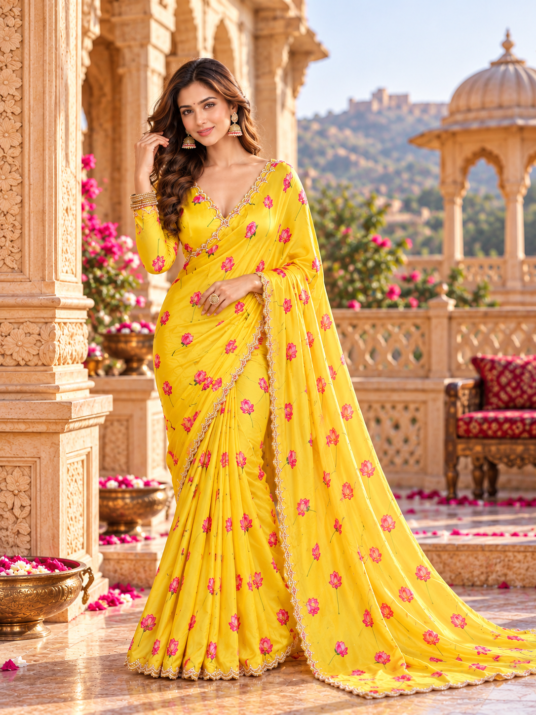Premium Satin Silk Printed Saree With Unstitched Blouse(Yellow)