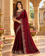 Pure Silk Embroidery Work Saree With Unstitched Blouse(Cherry)