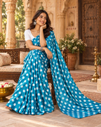 Satin Silk Printed Saree With Unstitched Blouse(Sky)