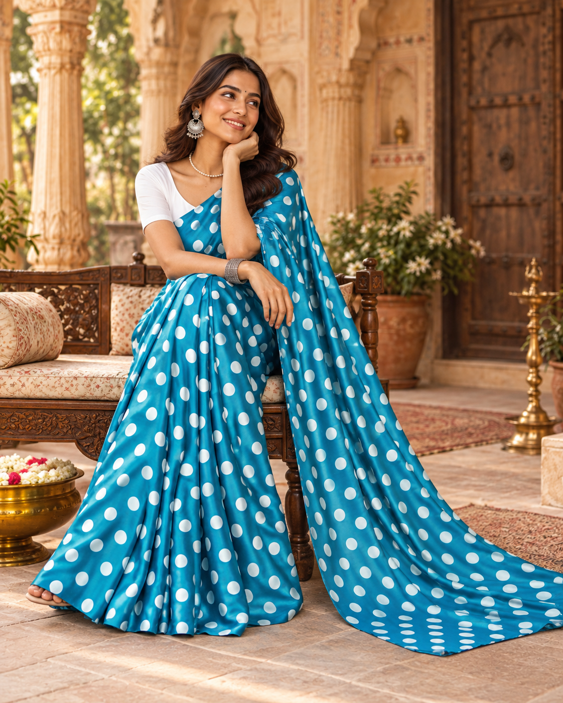 Satin Silk Printed Saree With Unstitched Blouse(Sky)