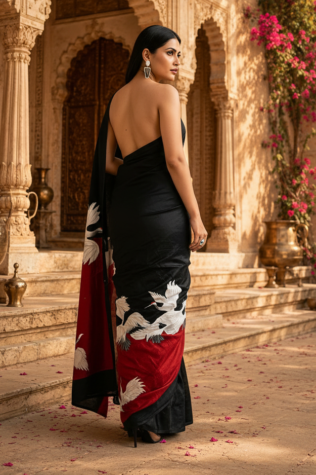 Swan Georgette Digital Print Saree Unstitched Blouse(Black)