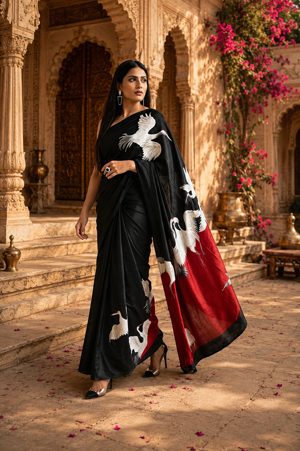 Swan Georgette Digital Print Saree Unstitched Blouse(Black)