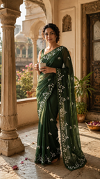 Georgette Embroidery Work Floral Print Saree With Unstitched Blouse(Green)